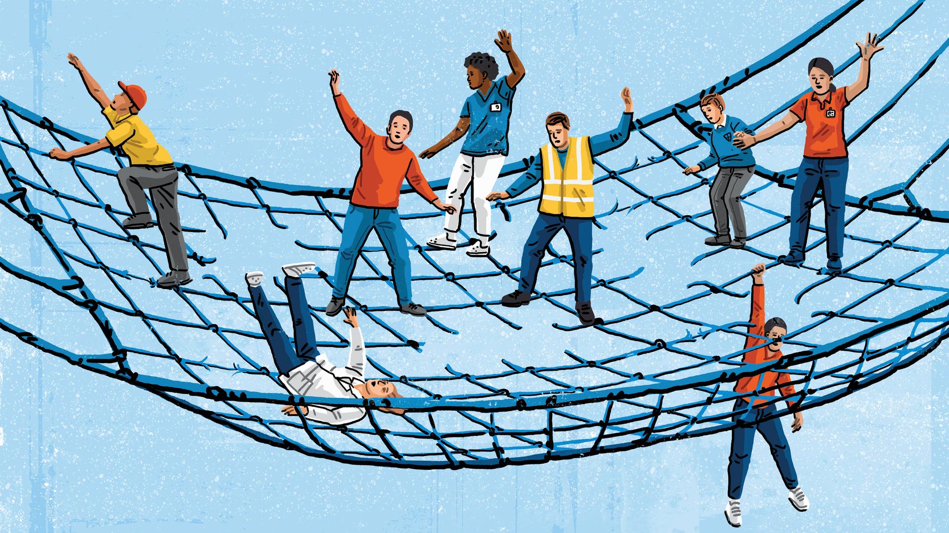 Illustration: Manche halten sich noch eben im Sicherungsnetz, andere fallen durch Löcher in diesem.