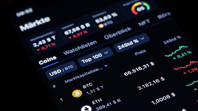 Die Logos der Kryptowährungen Bitcoin BTC, Ethereum ETH und des Stablecoins Tether USDT sind auf der Handelsplattform CoinMarcetCap zu sehen.