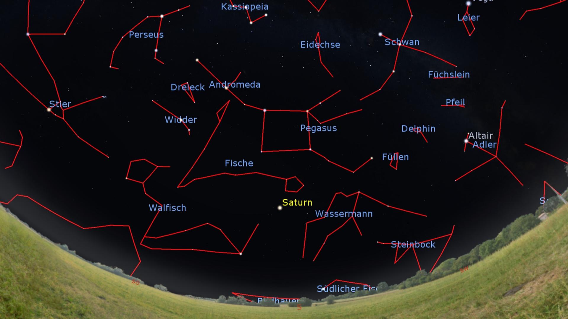 Der Blick an den Südhimmel morgen um Mitternacht, zur Monatsmitte um 23 h MESZ und am Monatsletzten gegen 21 h MEZ: Der Ringplanet Saturn strahlt unter dem Viereck des Pegasus. 