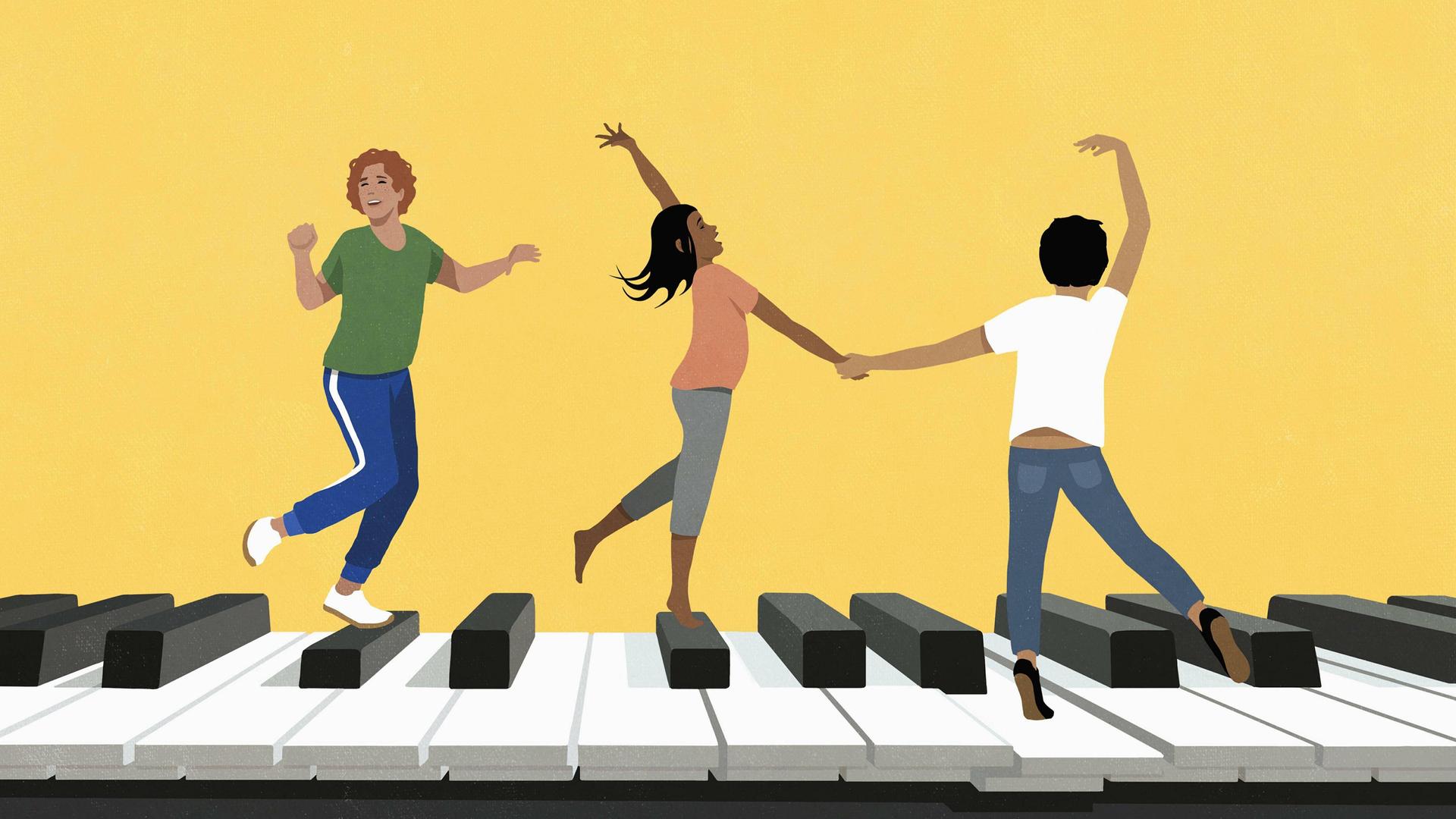 Illustration zeigt Freunde, die auf einem großen Piano vor gelbem Hintergrund tanzen
