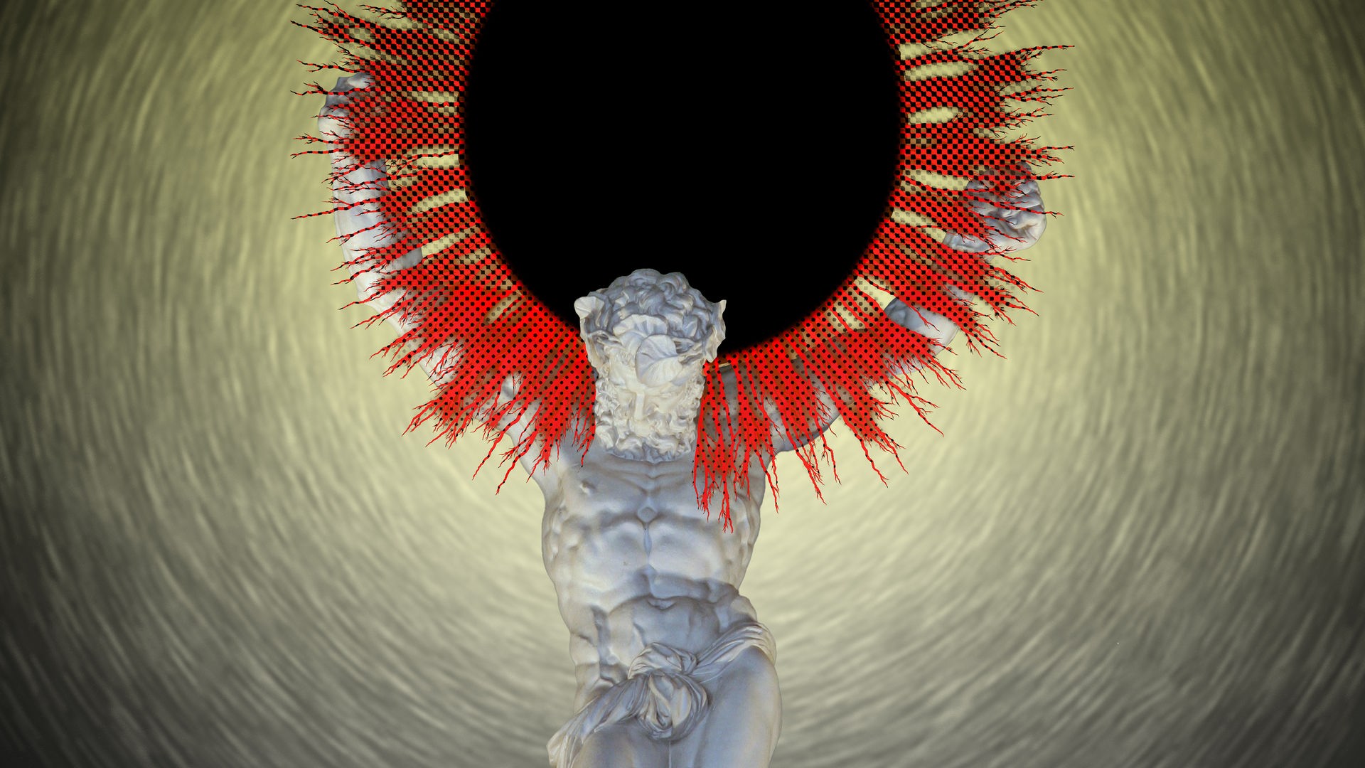 Collage einer Atlasfigur aus Marmor, der auf seinen Schultern statt der Welt das schwarze Loch trägt.
