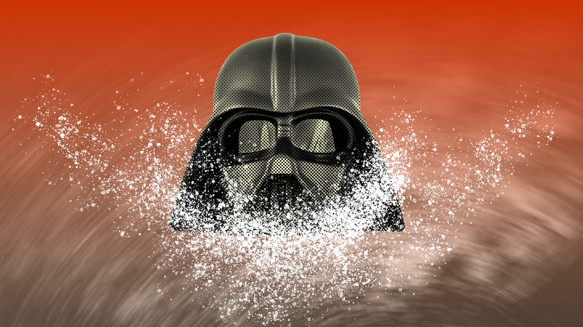 Collage einer Darth Vader Maske vor der weißer Staub, der an pulverige Drogen erinnert, schwebt.
