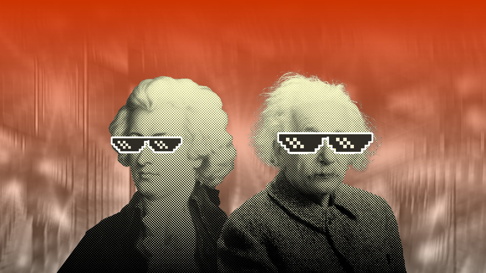 Collage der Portraits von Einstein und Mozart, die beide eine Memebrille tragen.
