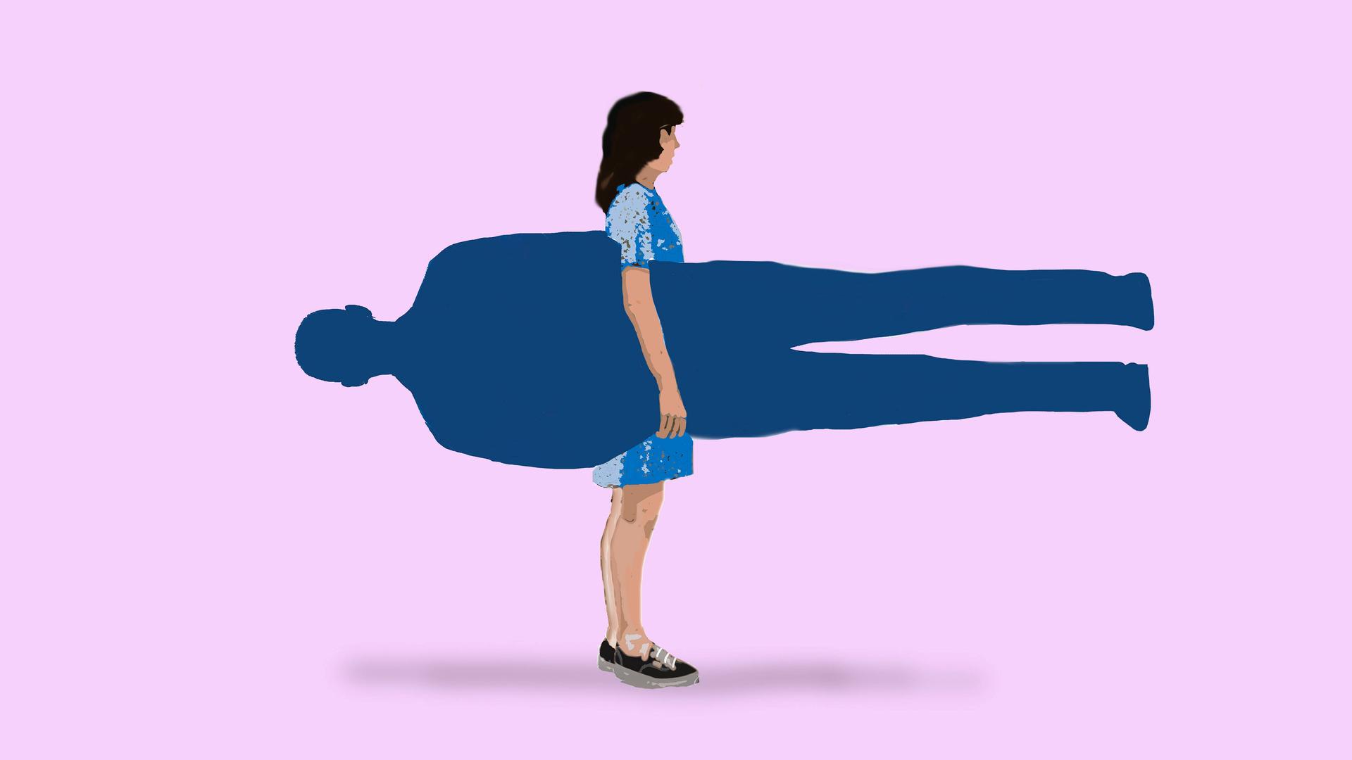 Illustration einer Frau, die die ausgeschnittene Form eines Mannes unter dem Arm trägt.