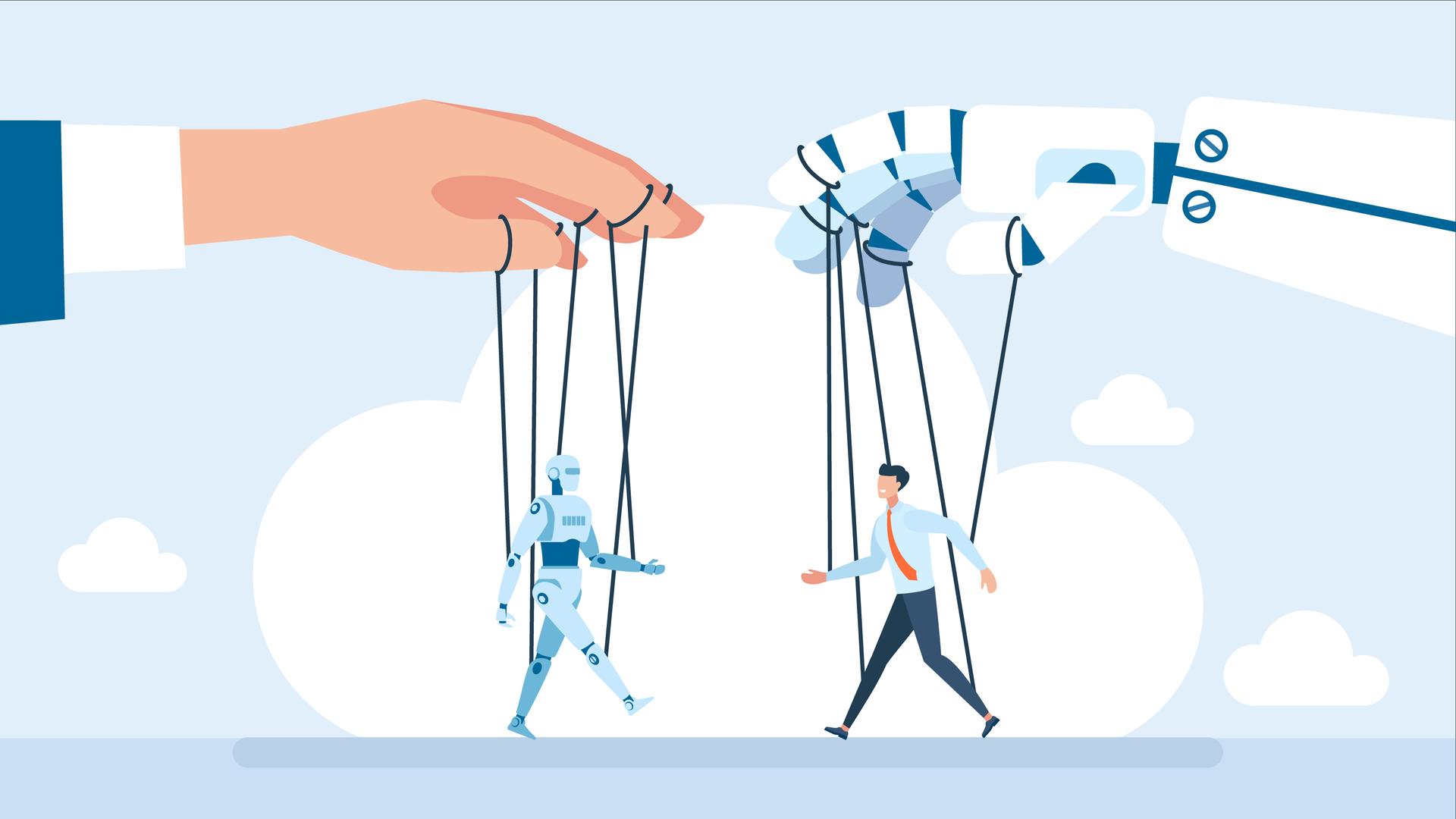 Illustration zweier Handmarionetten: eine menschliche Hand hält eine Robotermarionette und eine Roboterhand hält eine menschliche Marionette