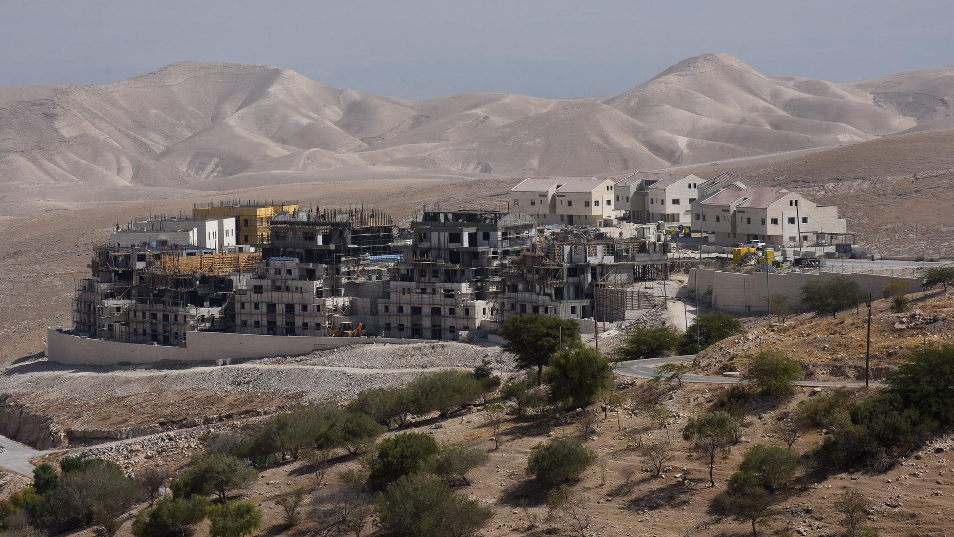 Baustelle einer Siedlung im Westjordanland, umgeben von Wüste.