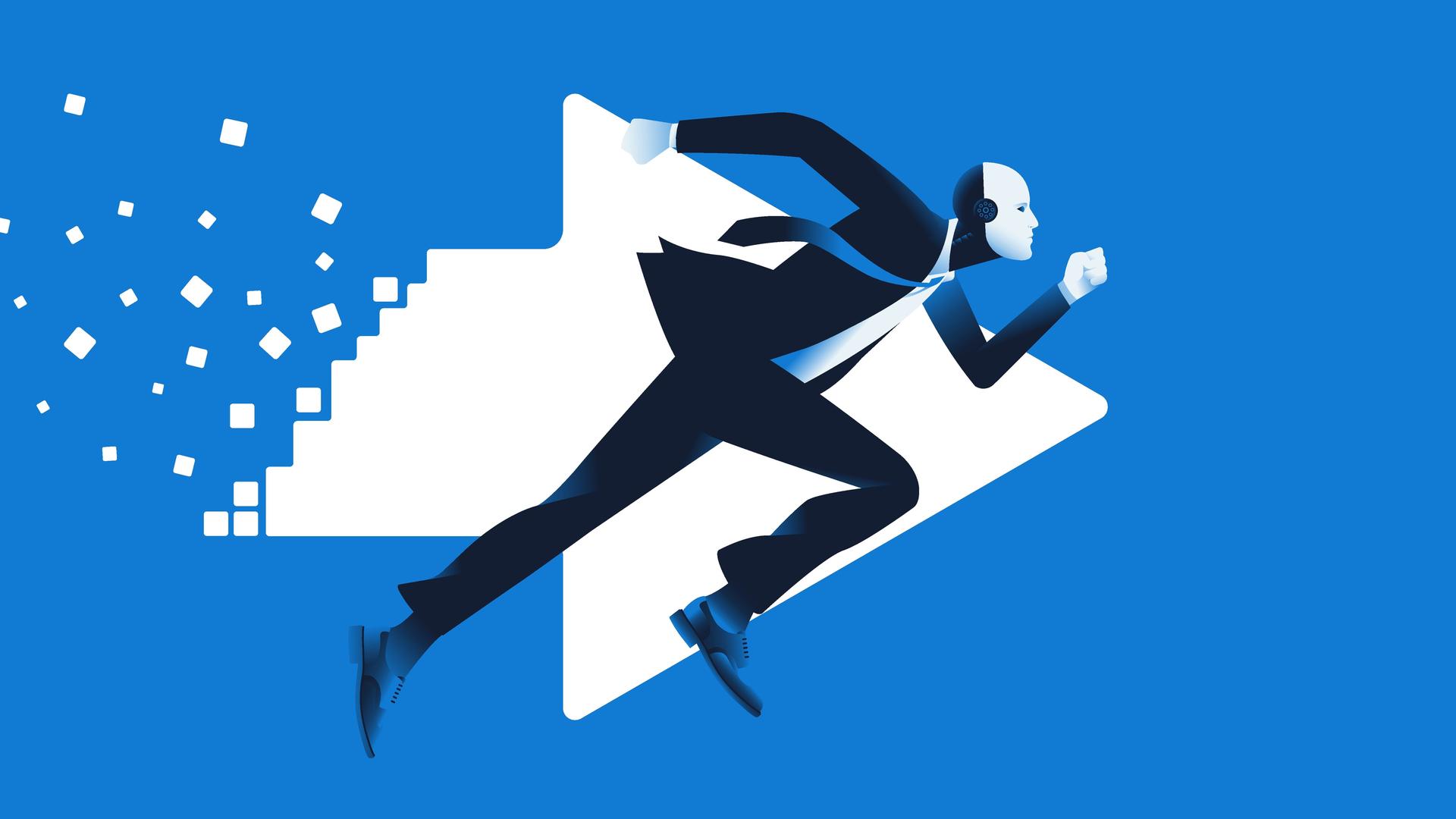 Illustration eines Geschäftsmanns mit Robotermaske der vor einem Pfeil sprintet